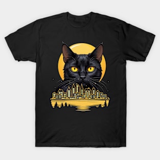 Black Cat With Yellow Eyes Night Moon And City Cats Lovers T-Shirt